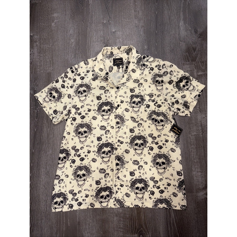 Delusions of Grandeur Button Shirt Grateful Dead Skull Roses Rayon Men's Size L